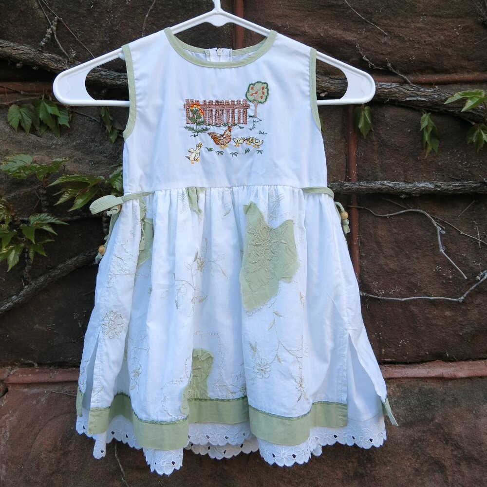 Hen and Baby Chicks Design Embroidery Cotton Toddler Dress Made In Hungary